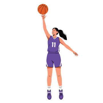  a tall girl in a purple basketball jersey, jumping high to shoot a ball towards an unseen hoop