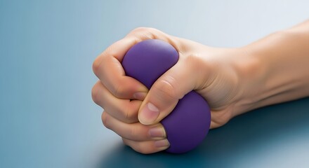 Hand squeezing a purple stress ball on a blue background.
