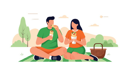 Couple Enjoying a Relaxing Picnic and Savoring Delicious Food in a Park Setting