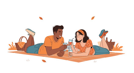 Couple Enjoying A Relaxing Picnic Outdoors With Beverages And Autumnal Leaves