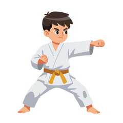 a child wearing a white karate uniform (gi) with a yellow belt, in a low stance with a focused expression, performing a straight punch