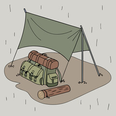 Rainy Day Camping Shelter: Green Tarpaulin, Backpack, and Log