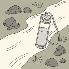 Portable Water Filter by a Stream:  Grey and Beige Line Drawing