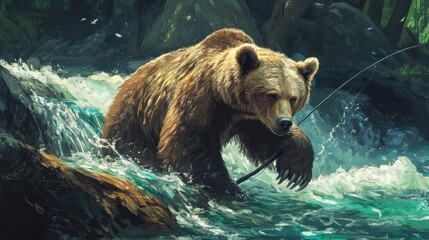 Obraz premium Grizzly bear fishing in a mountain stream