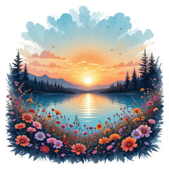 Serene Landscape with Sunset Reflection Over Calm Lake Surrounded by Flowers and Pine Trees in a Vibrant Nature Scene