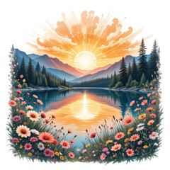 Beautiful Sunrise Over Mountain Lake Surrounded by Trees and Wildflowers in Idyllic Nature Scene