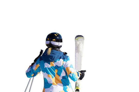 Girl skier in equipment with skis looking forward isolated on transparent background. Design element for winter sport, resort, vacation. PNG