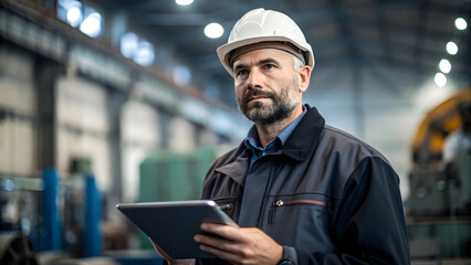 Engineers working in a construction industry with safety helmets and a laptop