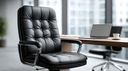 Fototapeta premium Executive Leather Office Chair in Modern Workplace Interior with Desk and City View