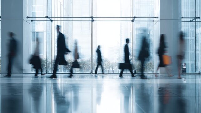 Blurred motion of diverse business professionals walking in modern office building, representing ambition and corporate life
