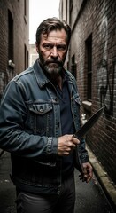 A man in a denim jacket holds a knife in a narrow urban alleyway, exuding a tense and dangerous atmosphere.