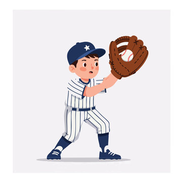a child wearing a striped baseball uniform, a cap, and a large leather glove, in a ready position to catch a flying ball