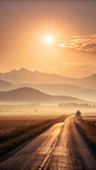 Fototapeta premium Scenic country road winding through misty valleys and mountains at sunrise with sunburst highway asphalt Full HD 4K Video Download 2025 2026