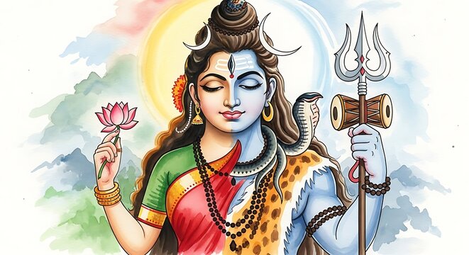 Ardhanarishvara Lord Shiva and Parvati divine union watercolor painting.