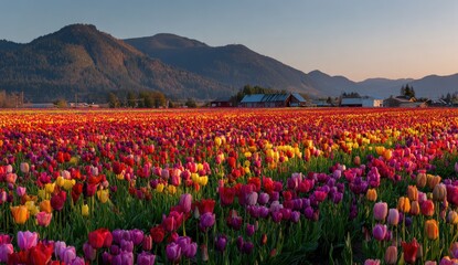Colorful tulip field at dawn, mountains beyond