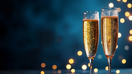 Two glasses of champagne are standing in front of a dark blue background.
