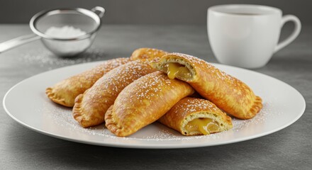 Golden Empanadas with Lemon Filling, Dusted with Powdered Sugar, Served with Coffee.