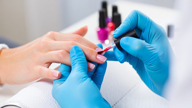 Professional manicure session with nail polish application, highlighting beauty care, hygiene, and salon aesthetics in close-up detail. AI generated.
