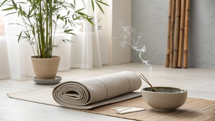 calm yoga space rolled mat with incense and bamboo