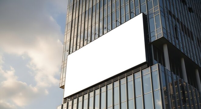 Blank billboard on the side of a modern skyscraper against a cloudy sky.