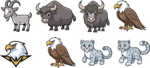 Cartoon wild animals and mascot logos including eagle, bison, goat, snow leopard, stylized vector illustrations for branding and education themes