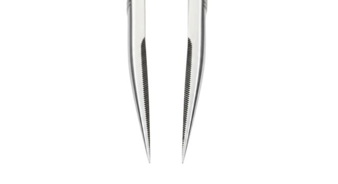 Closeup of two fine point tweezers isolated on transparent background