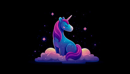 Magical unicorn sitting on clouds under a starry night sky with neon glow