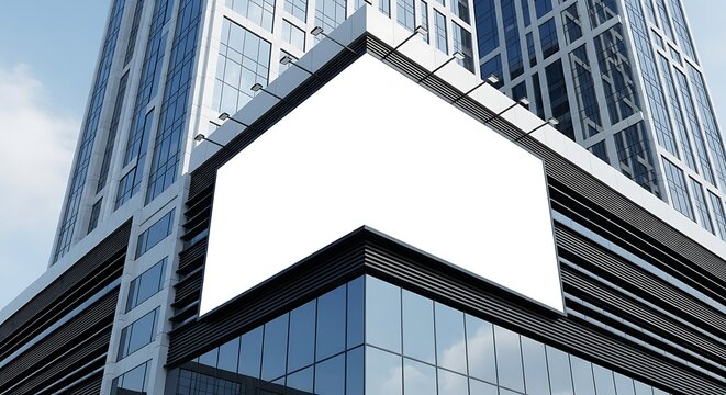 A blank billboard is mounted on the corner of a modern glass building against a blue sky.