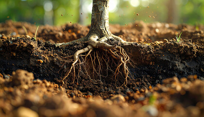 Tree root system exposed in soil showing earthquake seismic activity impact on ground stability and natural environment