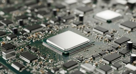Obraz premium Close-up view of a complex circuit board, highlighting a central processor chip.