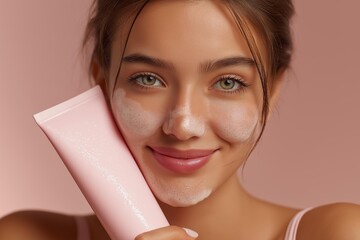 Young woman with radiant skin applying facial cleanser, smiling brightly against a soft pastel background.
