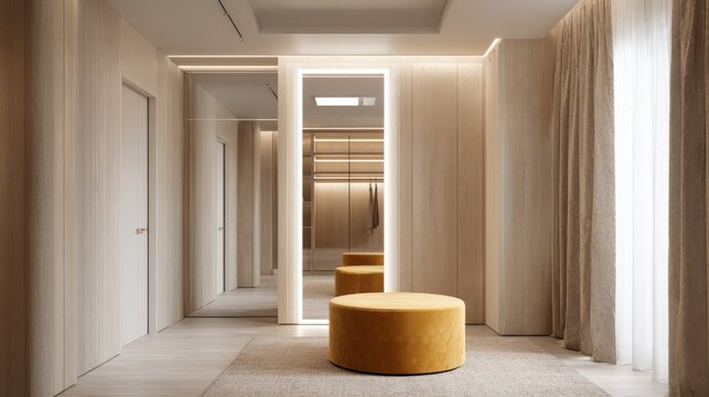 Modern Walk-In Closet Interior with Illuminated Mirror and Plush Ottoman, Designed for Luxury and Organization