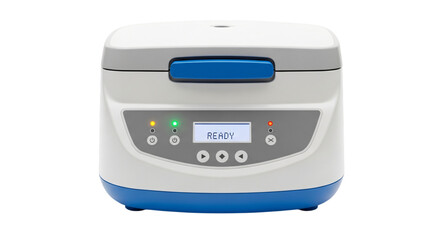 Small laboratory centrifuge with blue accents isolated on white isolated on transparent background
