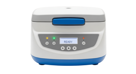Small laboratory centrifuge with blue accents isolated on white isolated on transparent background