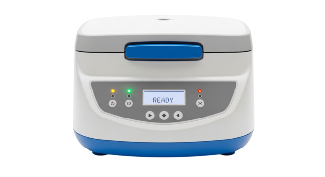 Small laboratory centrifuge with blue accents isolated on white isolated on transparent background