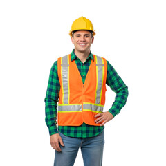 A cheerful male construction worker wearing a hard hat and reflective vest stands confidently