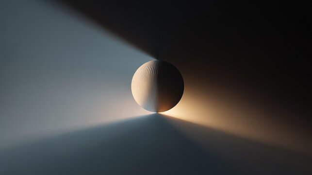 Minimal abstract sphere illuminated by cool and warm lights on both sides, creating balanced shadows, ideal for conceptual art, editorial layouts, science backgrounds, and modern design inspiration pr