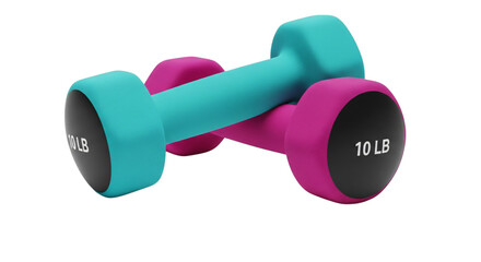 Obraz premium Teal and pink 10 lb dumbbells isolated on transparent background