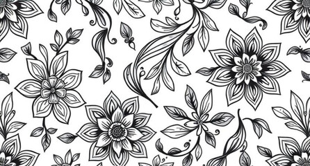 floral sketch background, botanical line art seamless, monochrome seamless design, vintage ornament floral, continuous pattern floral, black and white botanical background, artistic flower seamless, o