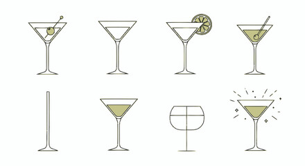 Martini Cocktail Glasses Collection with Olive, Lemon, and Sparkling Drink