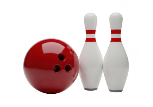 Red bowling ball and pins isolated on transparent background - Powered by Adobe