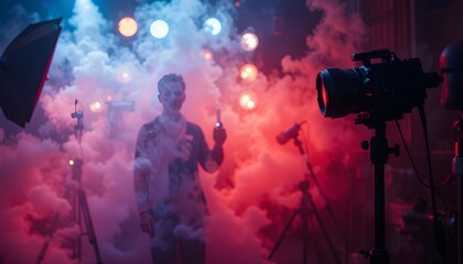 Fototapeta premium Studio Spotlight Silhouette with Blurred LED Lights and Smoke Background