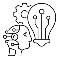 Robot's Head with a Bright Light Bulb and a Gear, Symbolizing Machine Learning, Smart Ideas, Creative Thinking, and the Synergy between Technology, Engineering for Problem-Solving and Development.