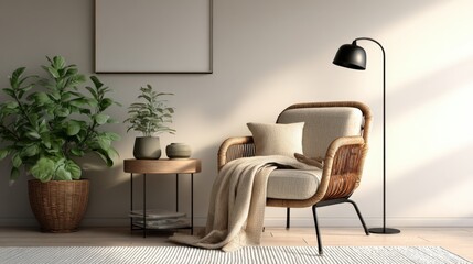 Cozy Interior Scene with Rattan Armchair, Plants, and Natural Light for Home Decor Concepts
