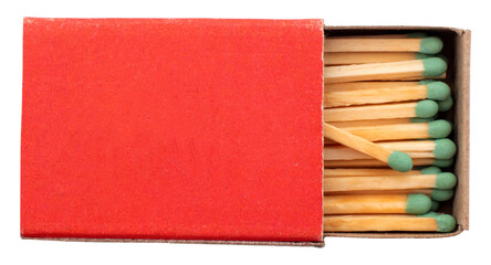 Fototapeta premium Open red box with matches on a white background.Fire. Fire. Safety. Match isolate with green sulfur