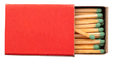 Open red box with matches on a white background.Fire. Fire. Safety. Match isolate with green sulfur