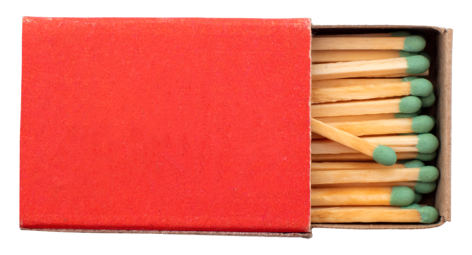 Open red box with matches on a white background.Fire. Fire. Safety. Match isolate with green sulfur