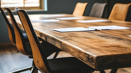 Conference room setup with wooden table and chairs for business meeting and corporate discussions