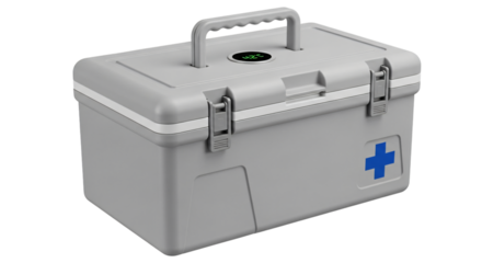 Gray first aid kit with blue cross isolated on transparent background