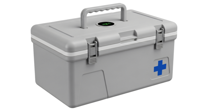 Gray first aid kit with blue cross isolated on transparent background